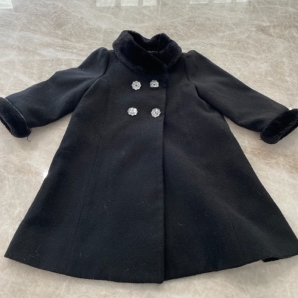Tahari Baby Black Coat with Faux Fur Trim and Rhinestone Buttons 12 m - Picture 1 of 6
